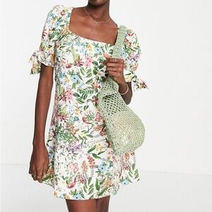 & Other Stories Tie Puff Sleeve Mini Dress Botanical Floral Print Linen Blend 4